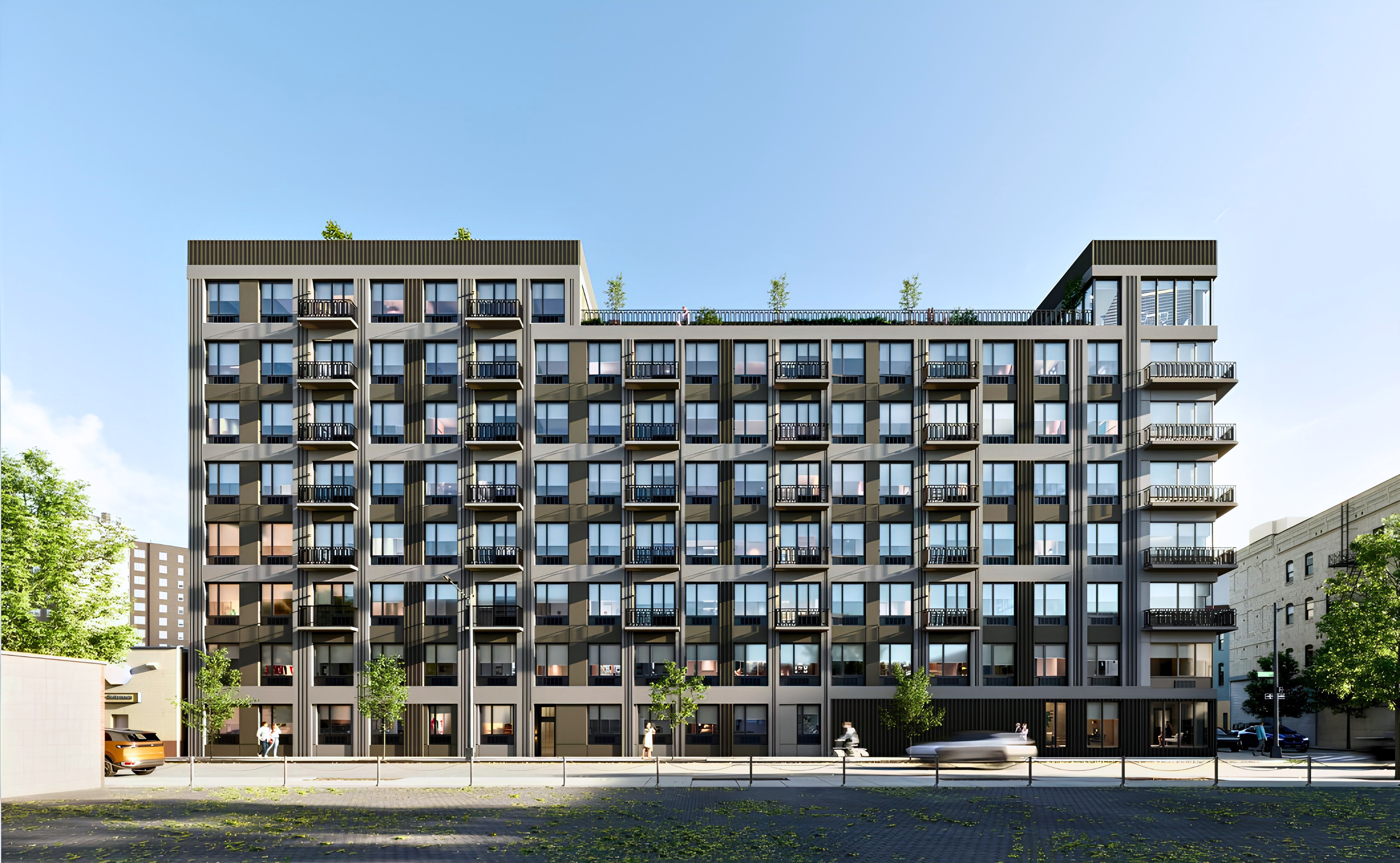The exterior of The Astelle at 286 Rider Avenue, an eight-story 2025 building in Mott Haven.