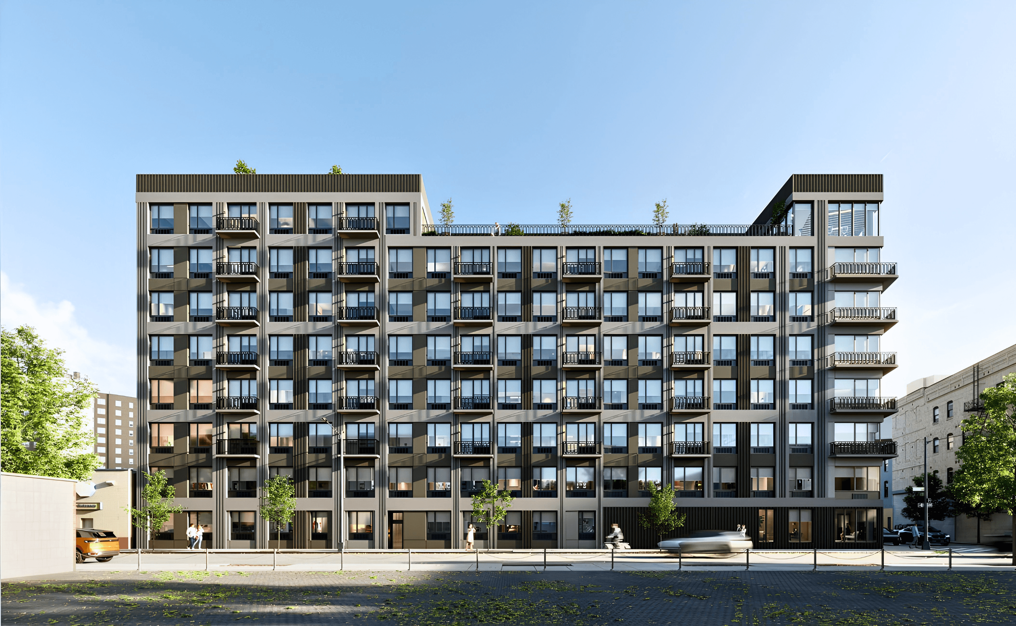 The brick facade of The Astelle at 286 Rider Avenue, an eight-story 2025 building in Mott Haven.