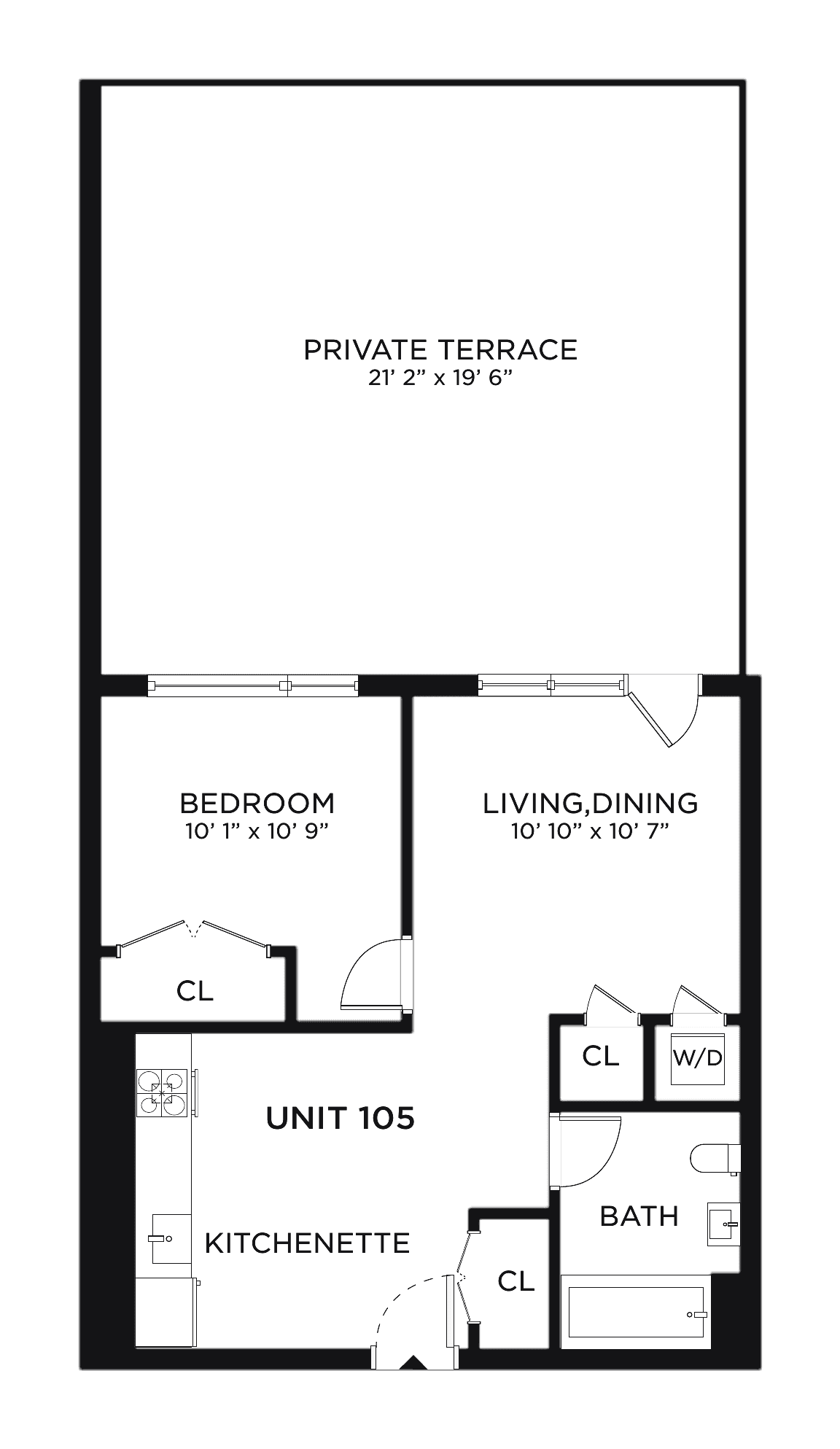 One-bedroom floor plan drawing at The Astelle, showing one bedroom, an open living and dining room, a kitchen, a bathroom and a private terrace