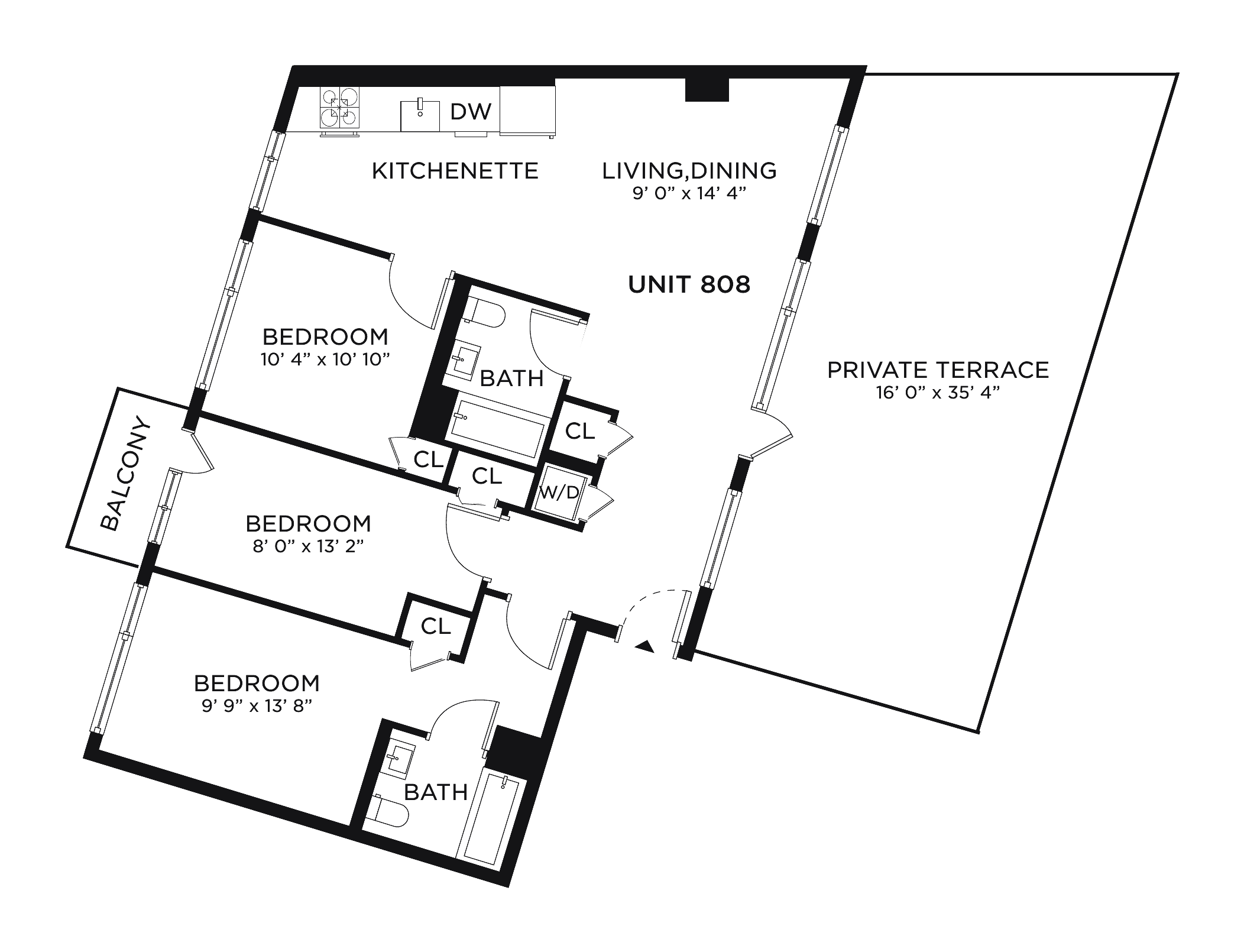 Three-bedroom floor plan drawing at The Astelle, showing three bedrooms, two bathrooms, an open living and dining room, a kitchen, a balcony, and a private terrace