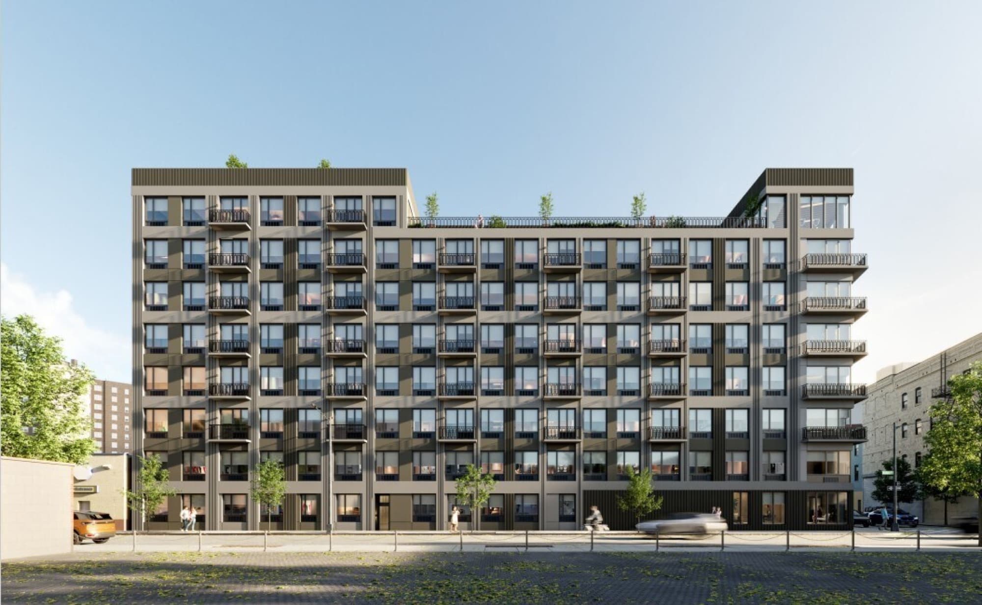 An architectural rendering of The Astelle: an eight-story brick building on Rider Avenue with oversized windows and stepped balconies
